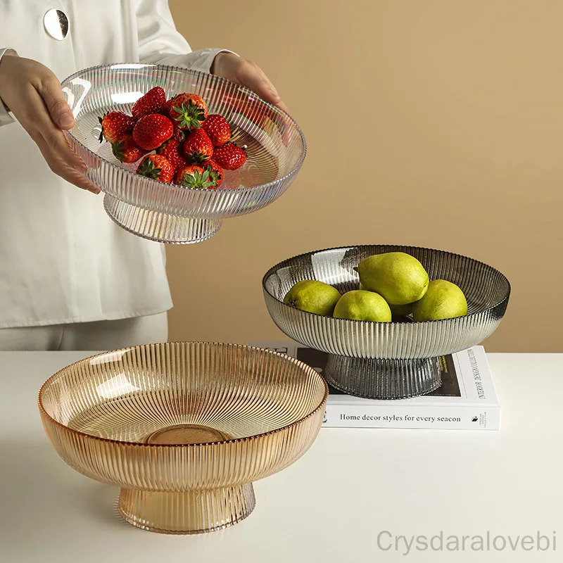 

Transparent Glass Fruit Plate Tall Striped Storage Tray Home Living Room Decoration Creative Dried Fruit Tray Snack Tray