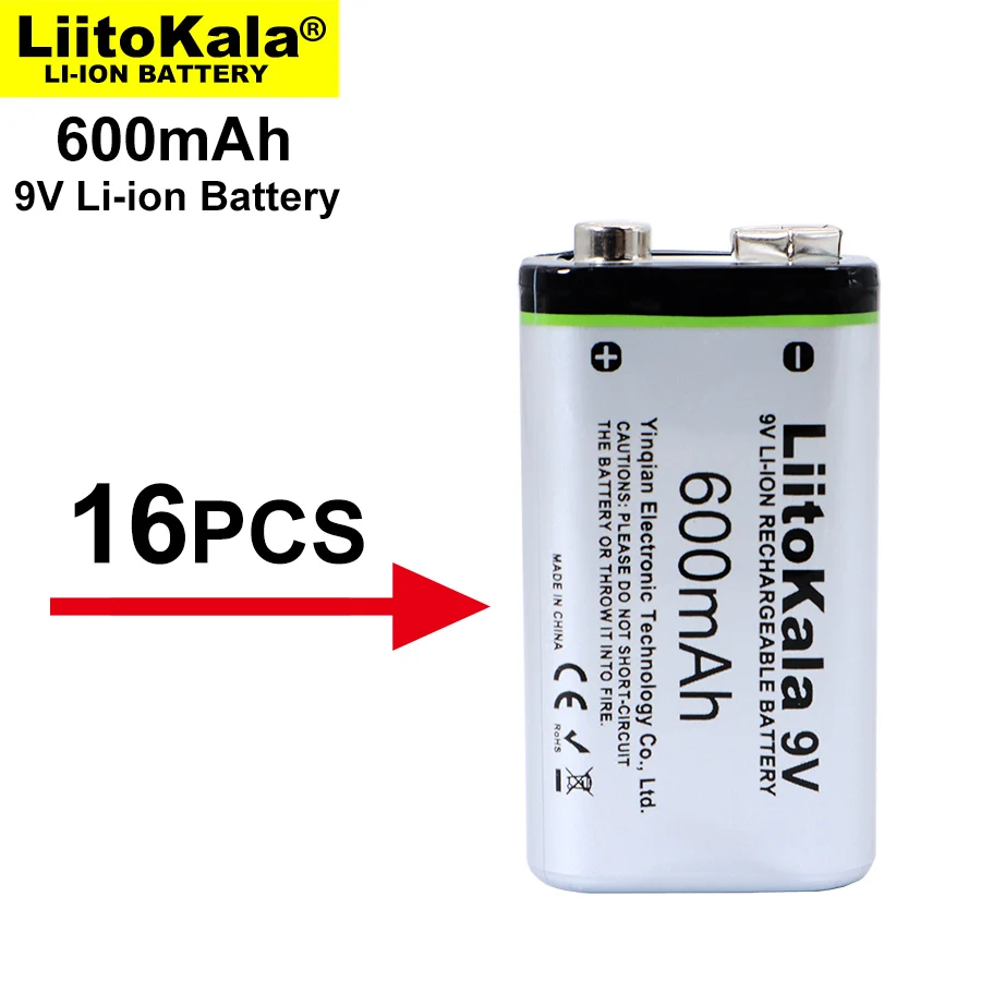 

Перезаряжаемый литий-ионный аккумулятор LiitoKala 600 мАч 9 В 6F2 2 для микрофона, мультиметра, радиоуправляемых игрушек, термопистолета, 16 шт.