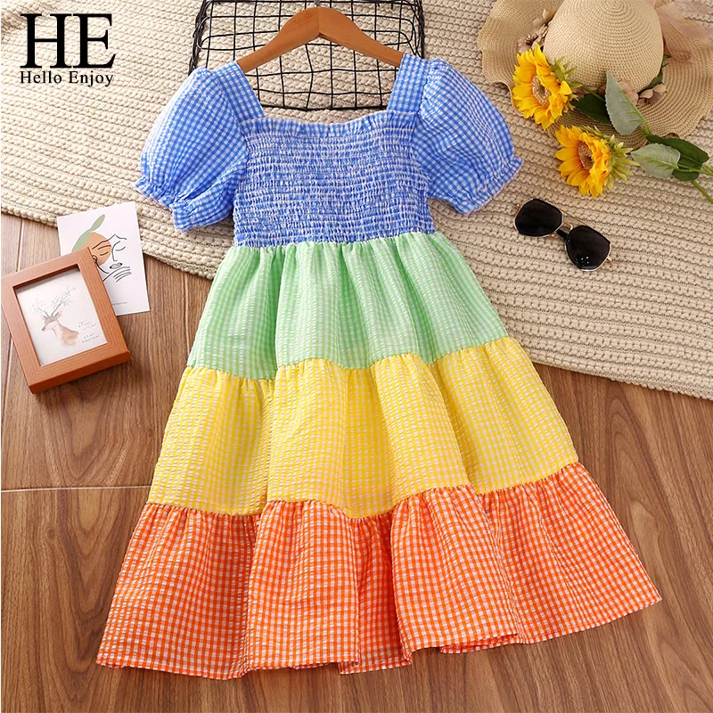 

HE Hello Enjoy New Girls Dresses 2022 Summer Kids Multicolor Panel Plaid Short Sleeve Dress Princess Party Children Clothes