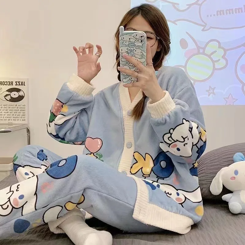 

Sanrio Coral Velvet Pajamas Set Kawaii Cinnamoroll Kuromi Lovely Girl Autumn Winter Thickened Keep Warm Nightgown Home Clothes