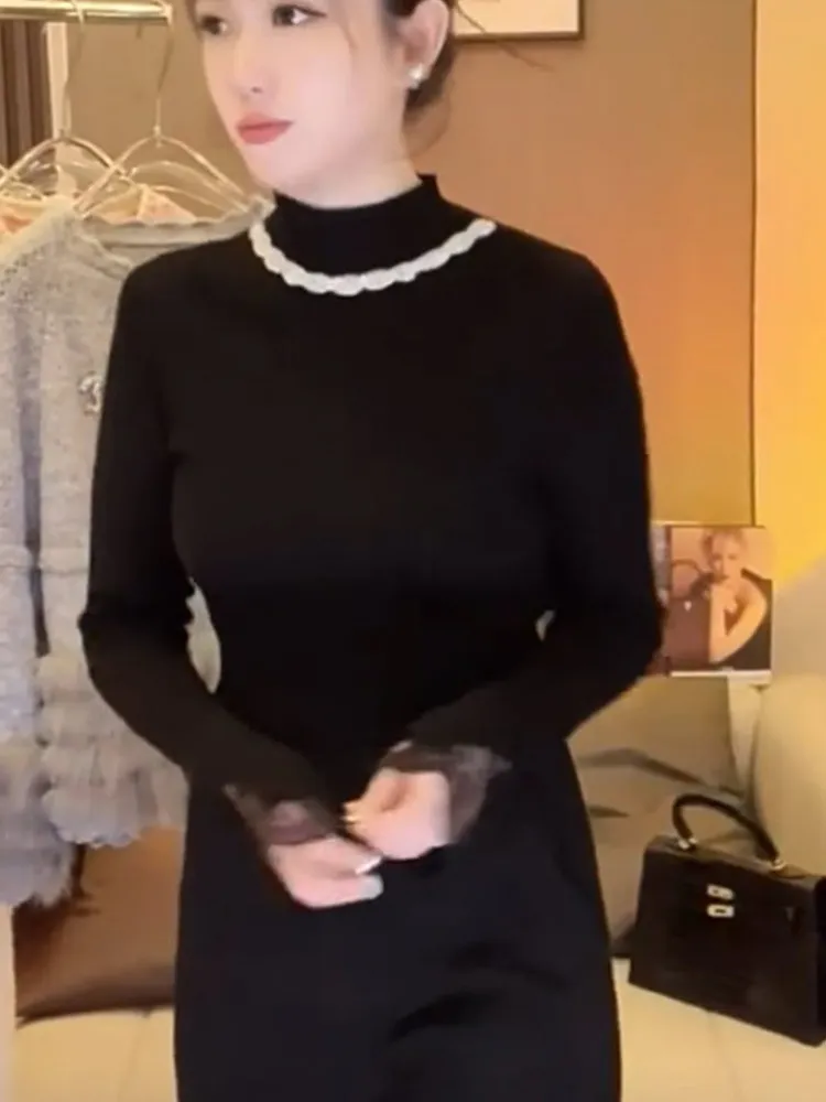 French sle Half-high Collar Beads Pullover Top Bottoming Shirt Western Sle Lace Stitching Long sleeve Knit Slimming High-End