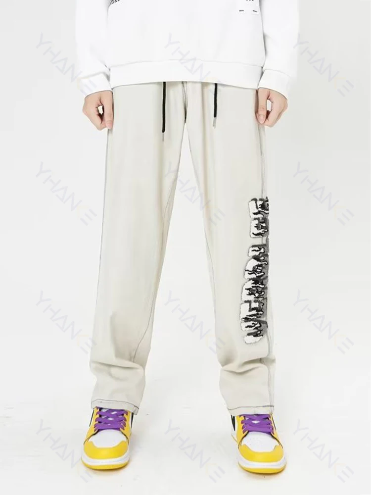 European and American Fashion Retro Flame Letters Men Baggy Jeans Women Y2K High Street Loose Straight Pants Trousers Denim