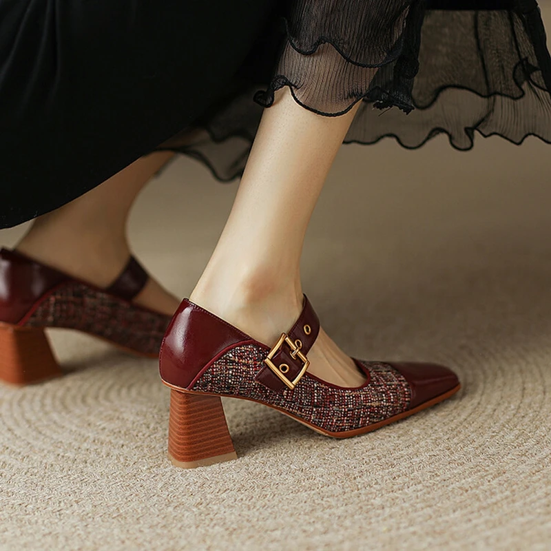 

Patent Leather Mary Janes Shoes Buckle Strap Spring Shallow Pumps Square Toe Fashion High Heel Women Shoes Size 34-39 Handmade