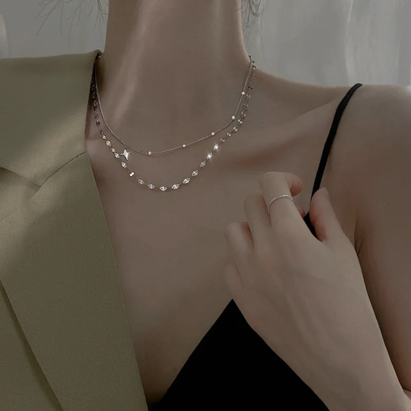 

PANJBJ 925 Sterling Silver INS Korean Style Women Cross Star Double Layer Punk Hip-hop Necklace