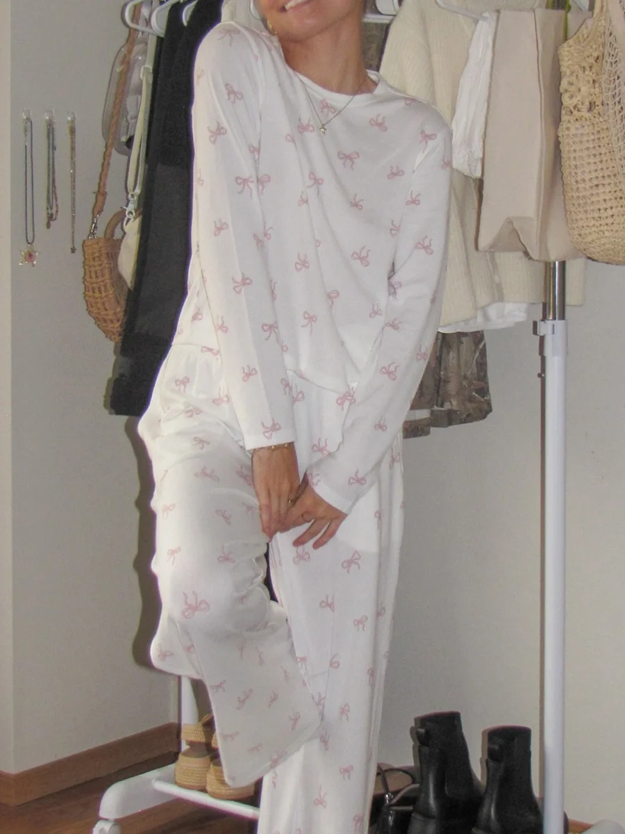 (Пред распродажа) Футболка с принтом банта брюки пижамный комплект женская