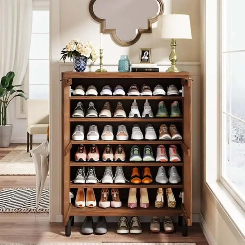 - 6-уровневый шкаф для обуви с жалюзи регулируемые полки деревянный органайзер