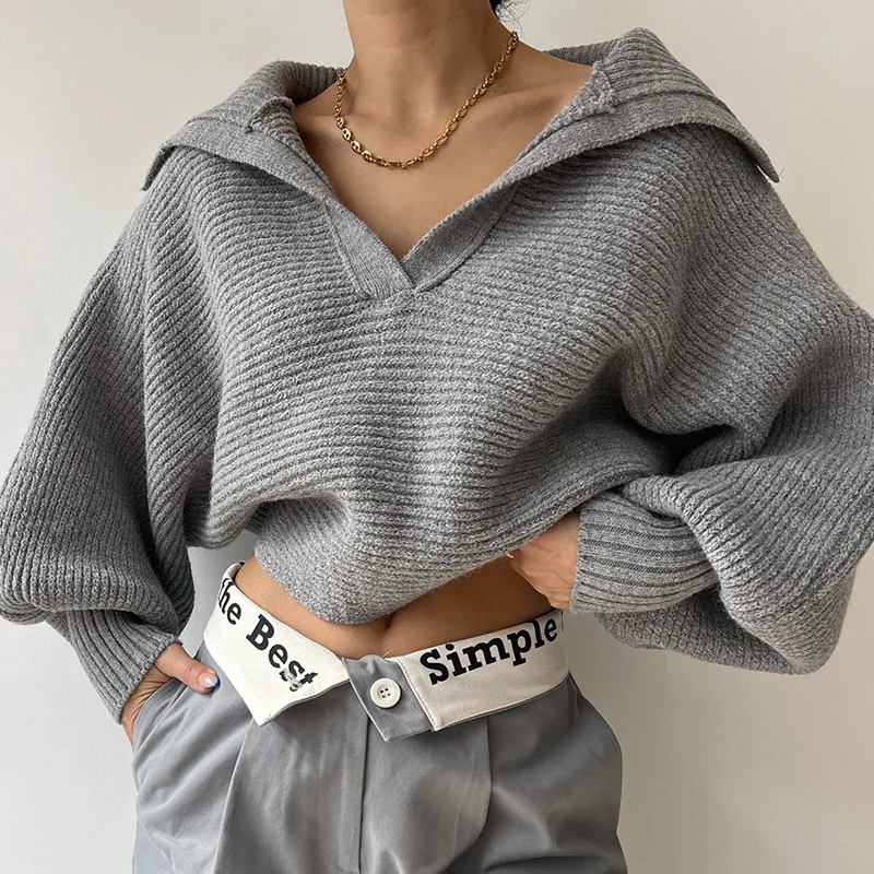 

Женский модный вязаный свитер с лацканами, осень 2022, винтажные женские пуловеры с длинными рукавами, Повседневная Свободная женская улична...