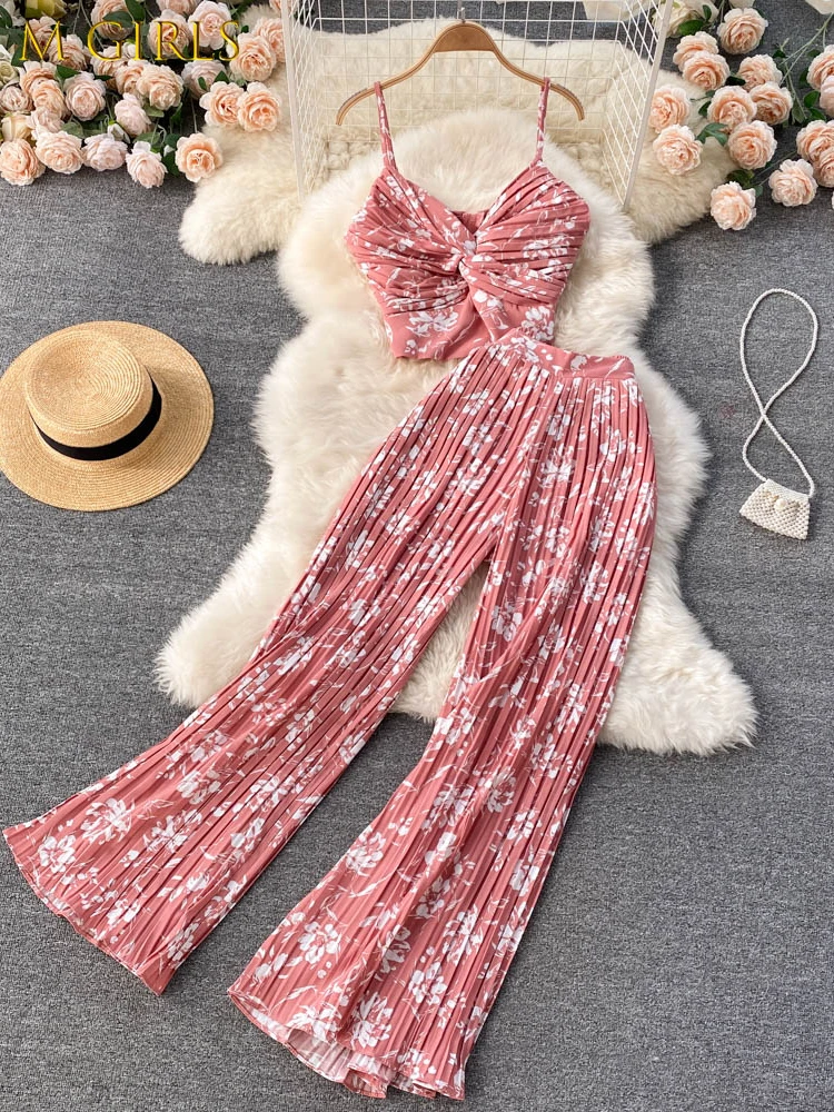 M GIRLS Women Summer Casual Pants Suit 2 Piece Set Female Floral Print Sleeveless Top & Wide Leg Pants Female Fashion Outfit