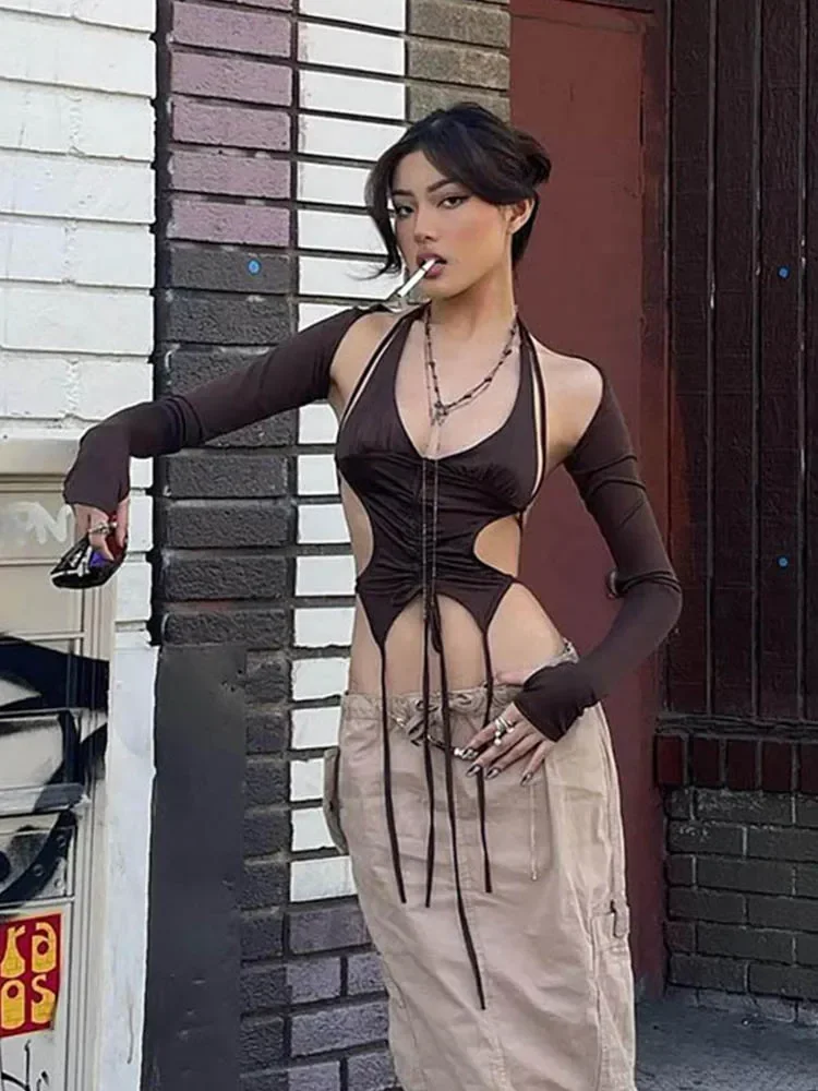 Y2k Уличная одежда укороченный топ с длинными рукавами и лямкой на шее сексуальные