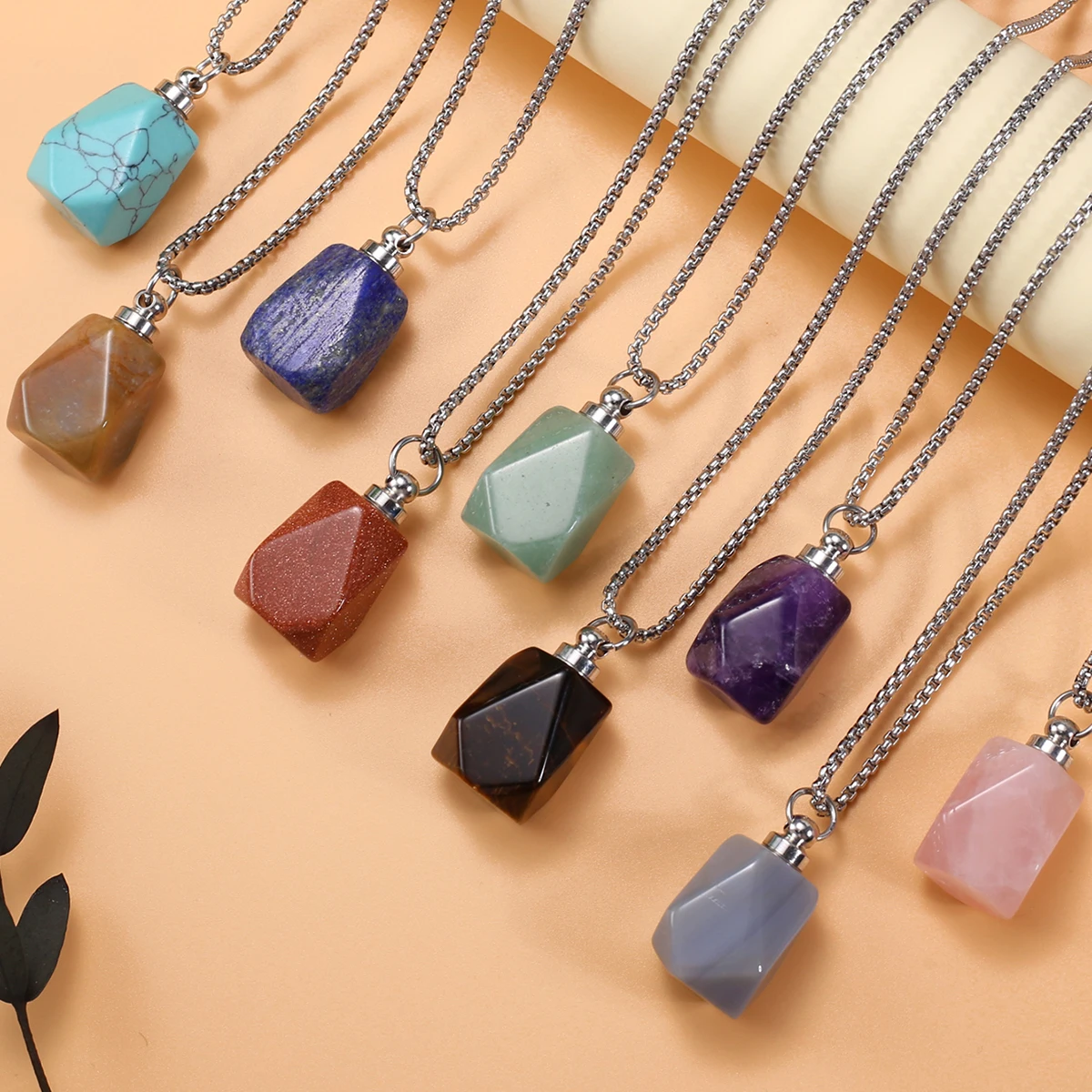Natural Crystal Amethysts Yellow Jade Rose Quartz Tiger Eye Perfume Bottle Pendant 60cm Stainless Steel Necklace for Women Gift