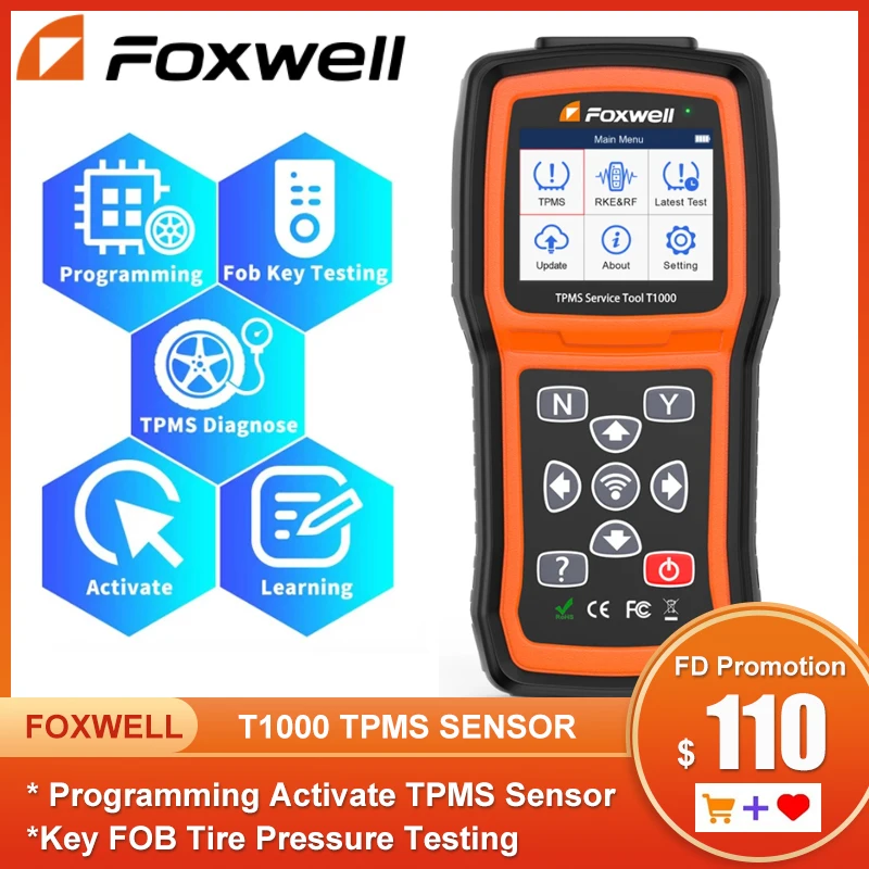 FOXWELL T1000  Auto TPMS Sensor Programming Tire Pressure Monitor Activate Diagnostic Tools TPMS Sensors Check RF Key for Car
