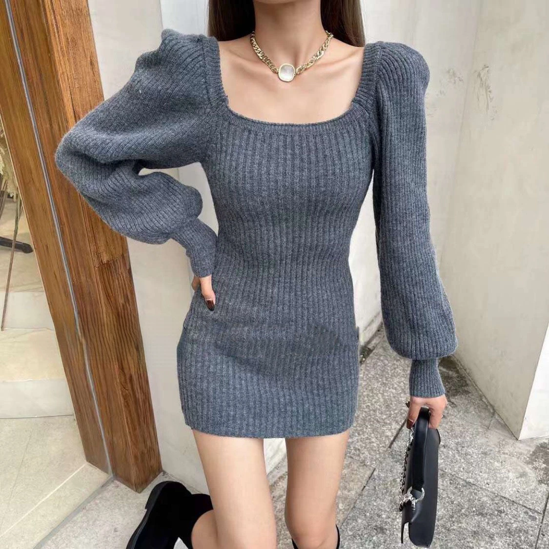 

Sweater Dresses Women Sexy Sleeve Solid Knitted Short Mini Party Dress Slim Elastics Square Collar Dress Solid Color T192