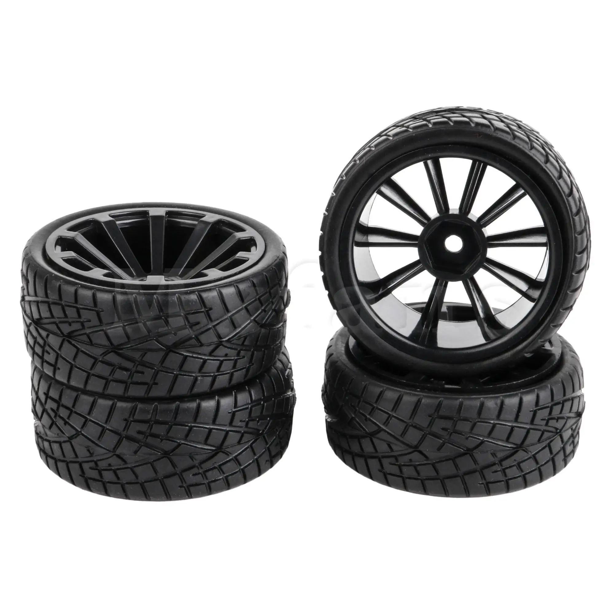 4 Plastic Black Wheel Rims & 4 Rubber Pattern Tyres for RC 1:10 On Road Car