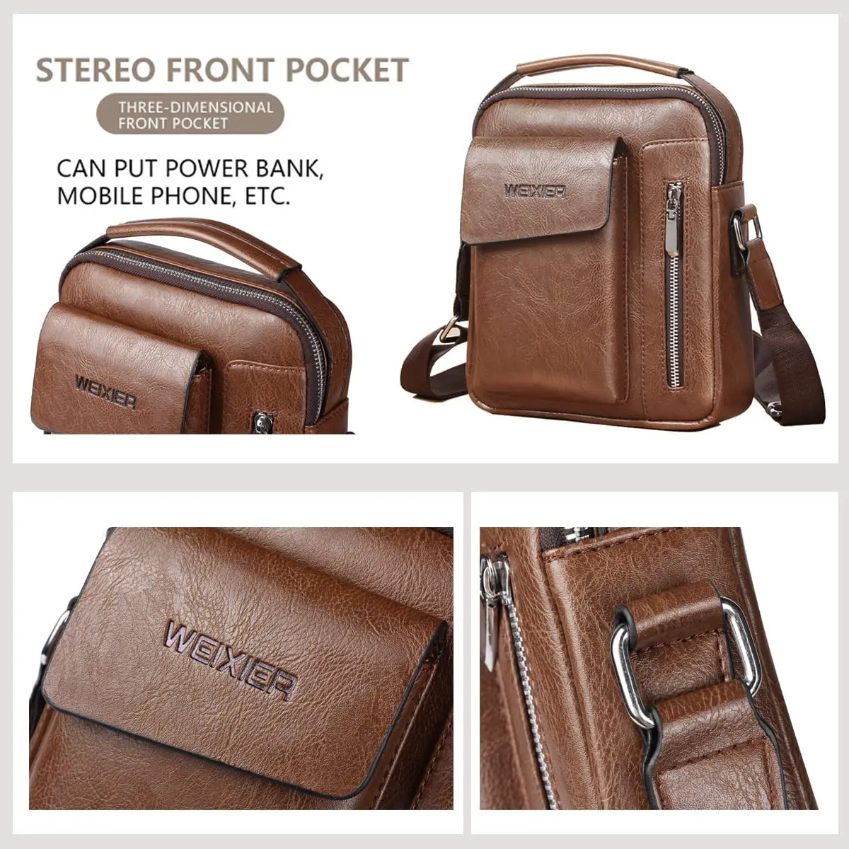 Small Crossbody Bag for Mens Leather Shoulder Bags Handbag Travel for Man Purse Sport Hiking Business Brown