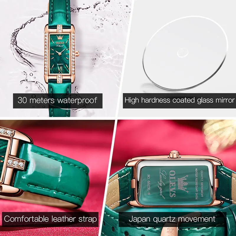 OLEVS 2023 New High Quality Classic Vintage Women Belt Quartz Square Green Quartz Watch Luxury Womens Watches Waterproof 6623