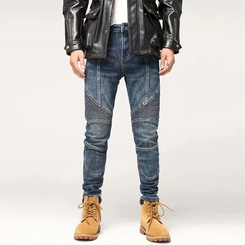 EH·MD® Zip Knee Stitching Jeans Men's High Elastic Slim Tattooed Leg Multi-Pocket Motorcycle Riding Pants Flanging Fashion Feet2