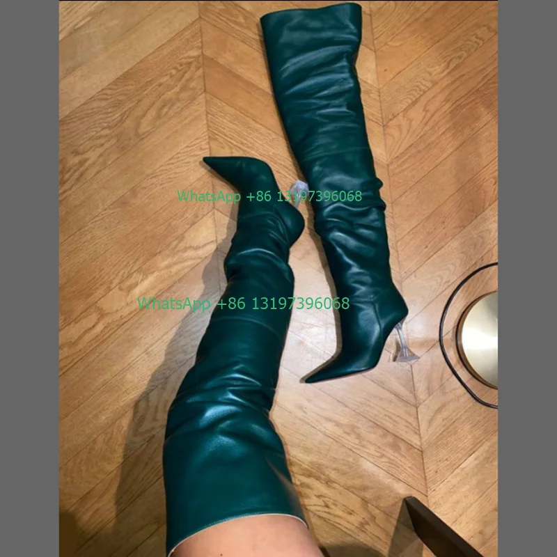 Botas por encima de la rodilla para mujer, botines sexys de tacón de PVC, punta estrecha, tacón alto de PU, cremallera lateral, Color verde, para fiesta, talla grande