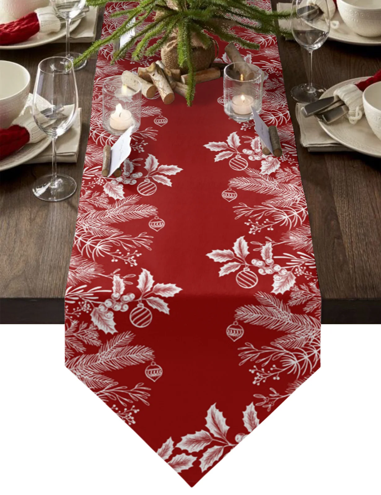 

Christmas White Pine Needle Leaves Christmas Home Decor Table Runner Wedding Decoration Tablecloth Kitchen Table Runners