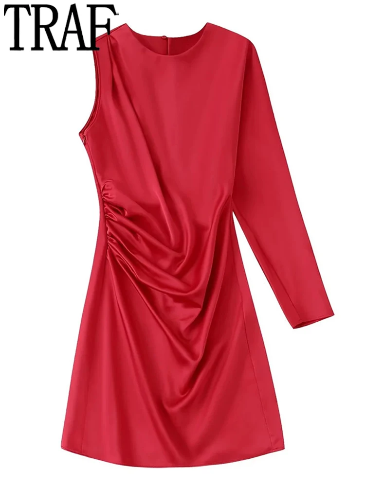 

TRAF Red Ruched Satin Dress Women Asymmetric Short Dress Woman Off Shoulder Party Dresses Long Sleeve Pleated Dresses for Women