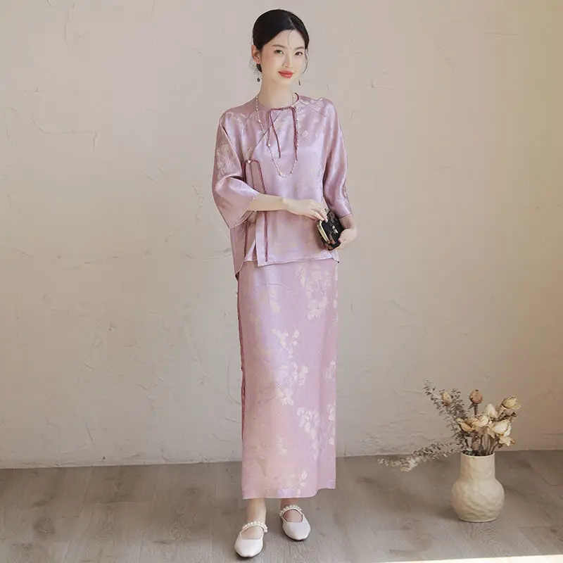 

Spring New Chinese Style Classic Cheongsam Top National Style two-piece Modified Lady Elegant Slim Simple Elegant Qipao Set
