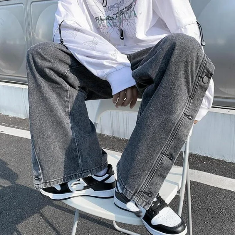 Men's Jeans Leg Button Slit Jeans Men's Loose Straight High Street  Jeans Retro Daddy Pants