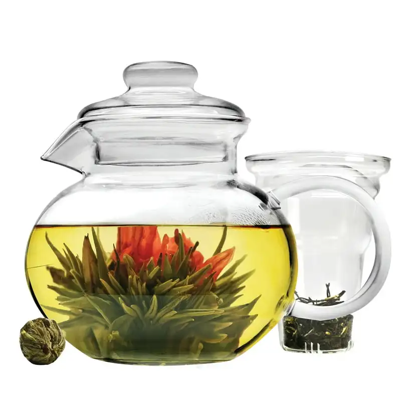 

Borosilicate Glass Teapot with Infuser and 1 Blooming Flowering Tea, For Loose Leaf, Bagged and Flowering Tea, 40 Ounce, Clear J