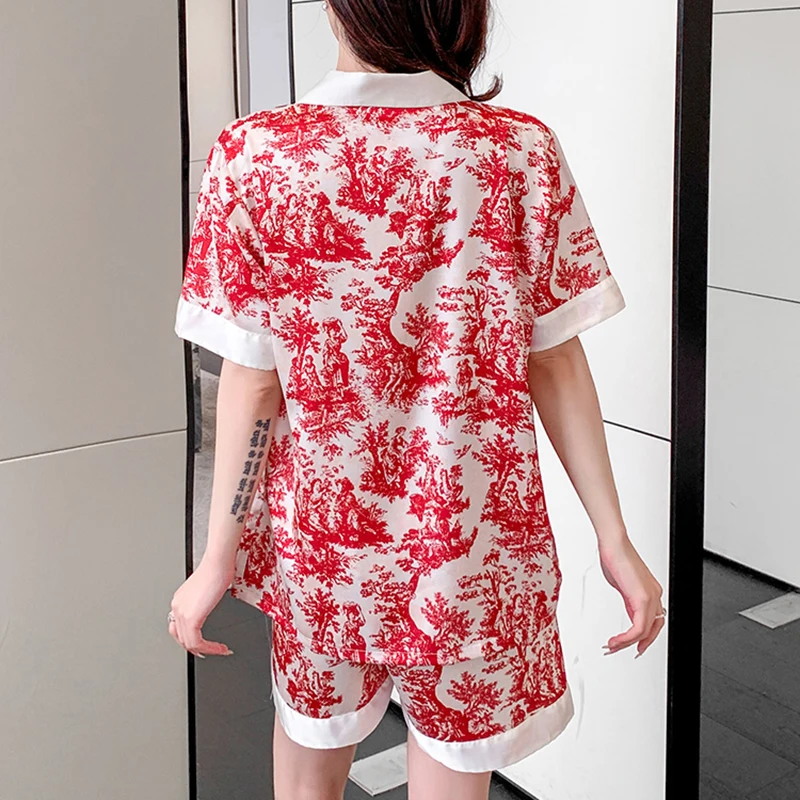 Ice Silk Pajamas Female Summer Satin Short Sleeve Shorts New Thin Home Clothes Set Outside Wear Living Clothes Free Shipping