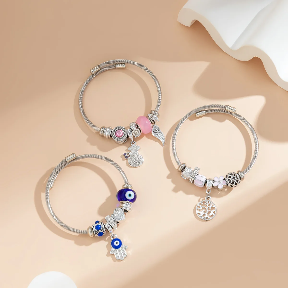 

Open Cuff Bangle Evil Eye Mixed Beads Flower Luminous Glowing Bead Bracelet Adjustable Tag Women