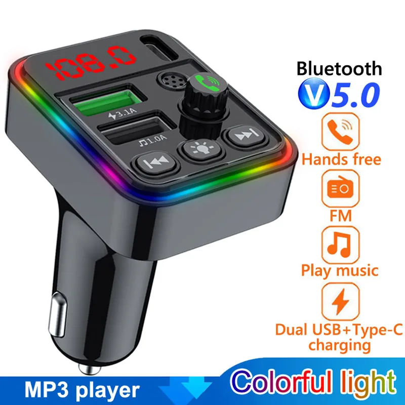 

Car FM Transmitter Bluetooth 5.0 Handsfree Car Kit MP3 Player Colorful Lights Type C 2 USB Fast Charger Auto FM Modulator
