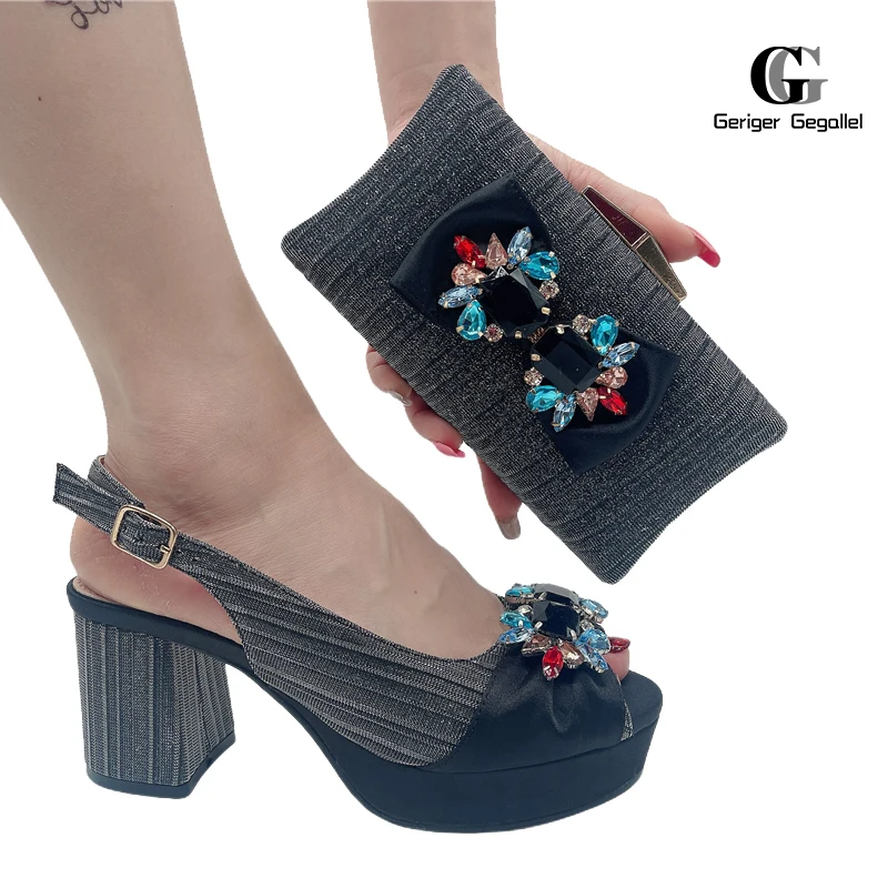 2023 Nigerian Summer Women's Sandals Silver Fashion Women's Shoes + Natural Gemstone Decoration Bags Wedding Banquet Shoes