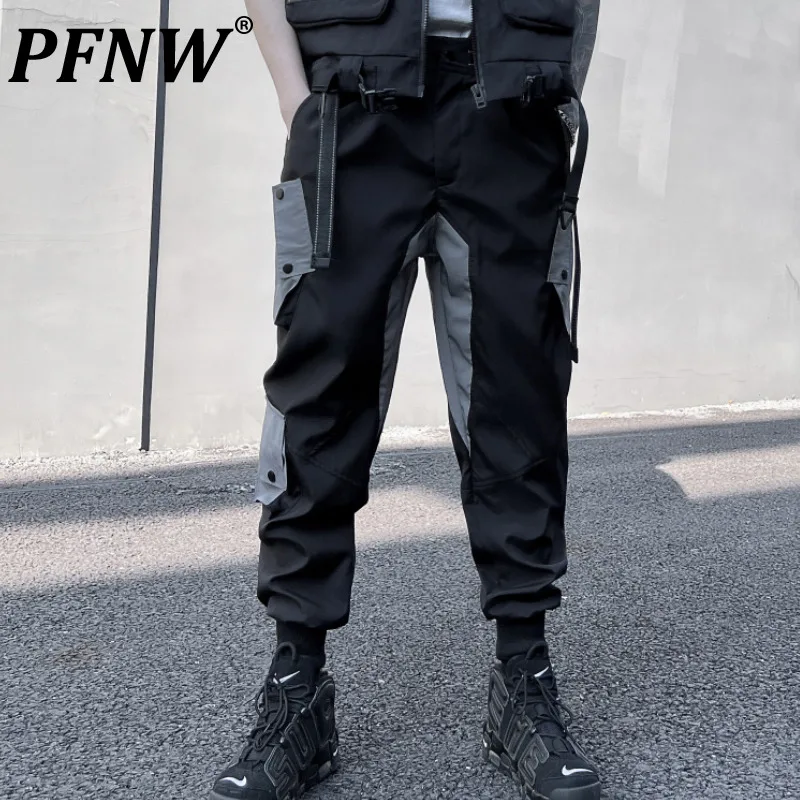 

PFNW Spring Autumn Men's Chic Contrast Cargo Pants Fashion Leisure Reflective Multi Pockets Darkwear Wearproof Trousers 12A8148