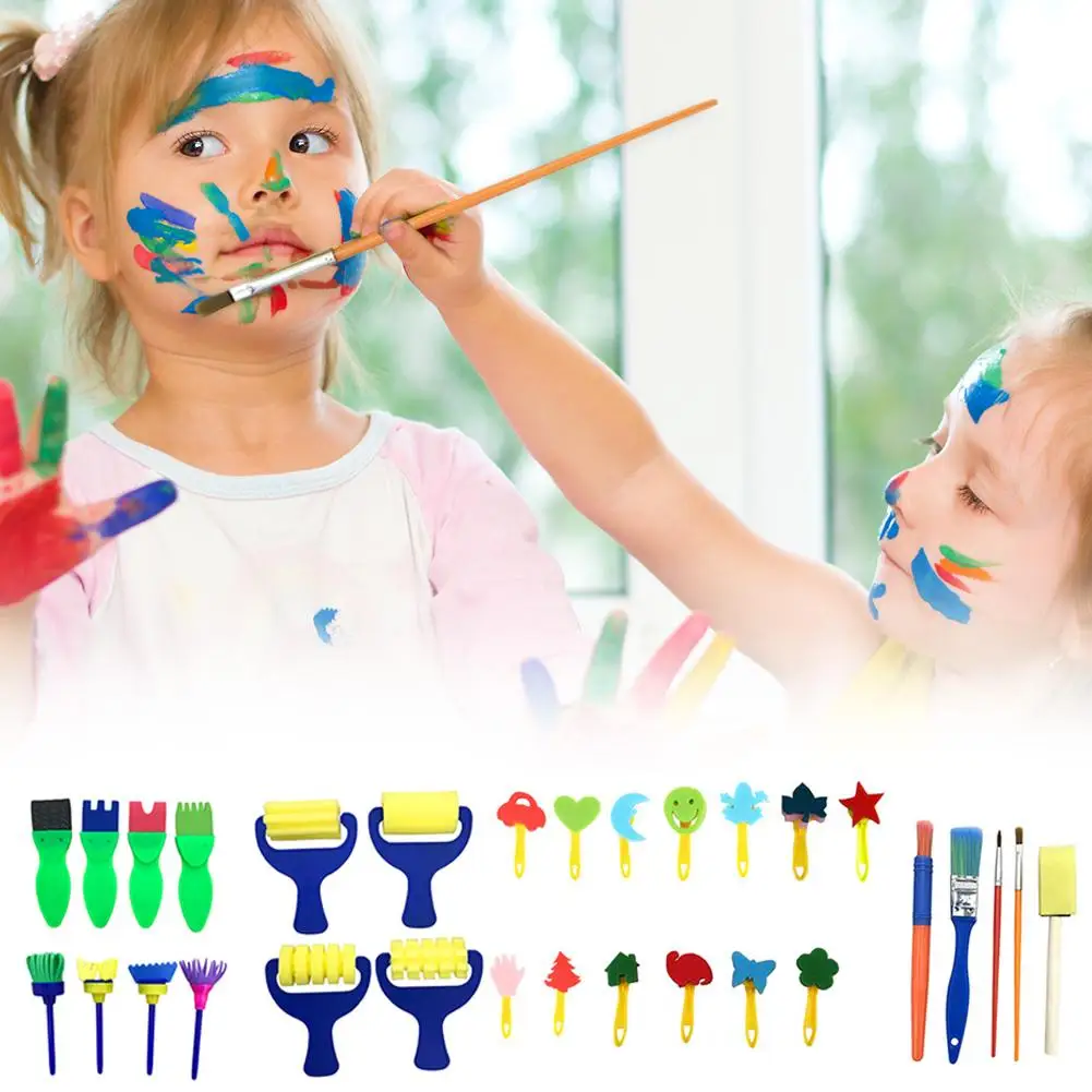 

31pcs Painting Kits Bright Colours Various Shapes Exquisite Workmanship Sponge Paint Brushes Apron for DIY Early Learning