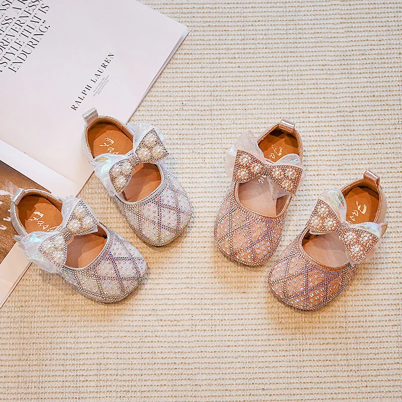 

Luxury Baby Girls Leather Shoes with Rhinestone Wedding Party Dress Shoes Pink Beige Toddler Girls Shoes Mary Jane Shoes 2023