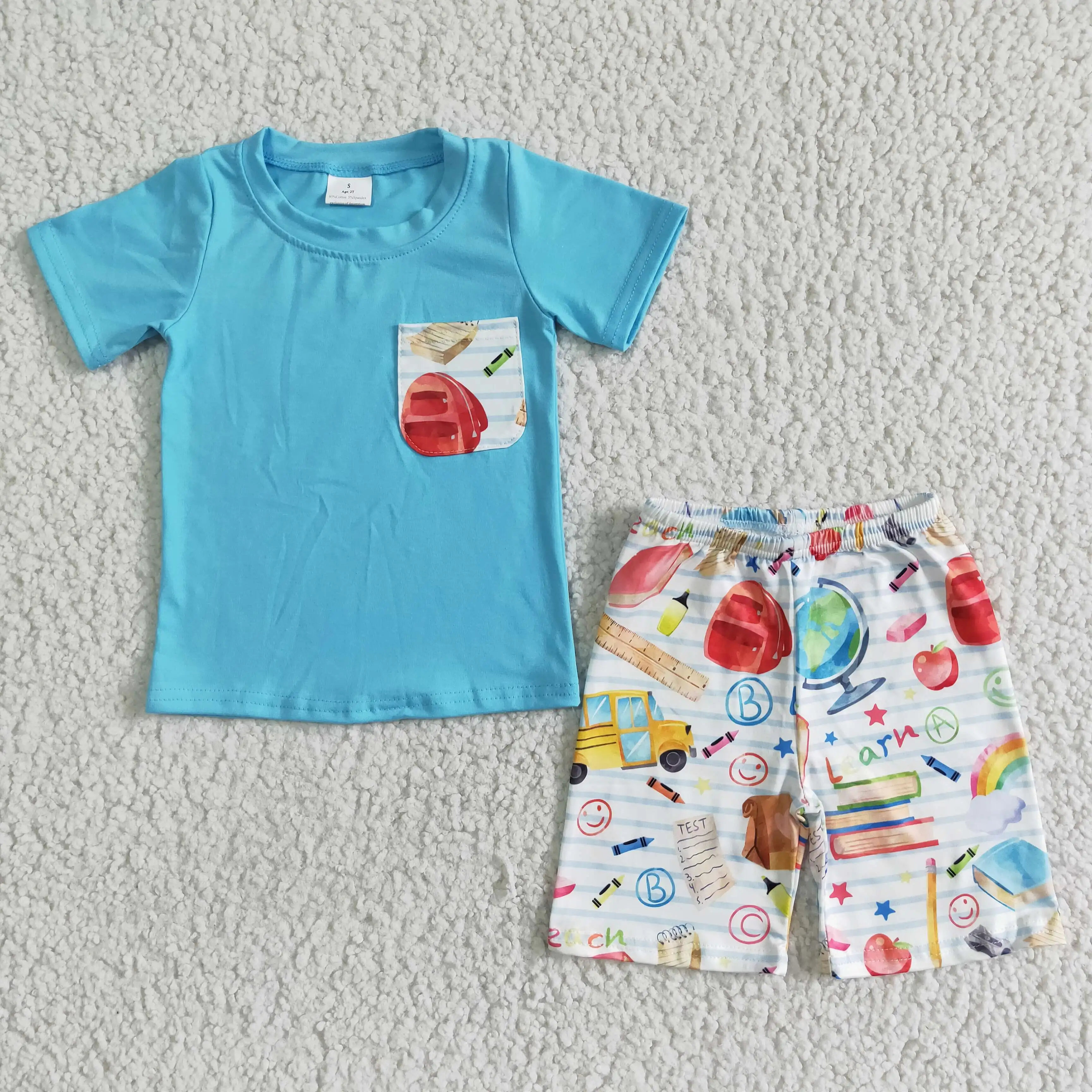 

Boutique children clothing back to school blue Boys T-shirts with pocket kids shorts set teenager clothes matching style