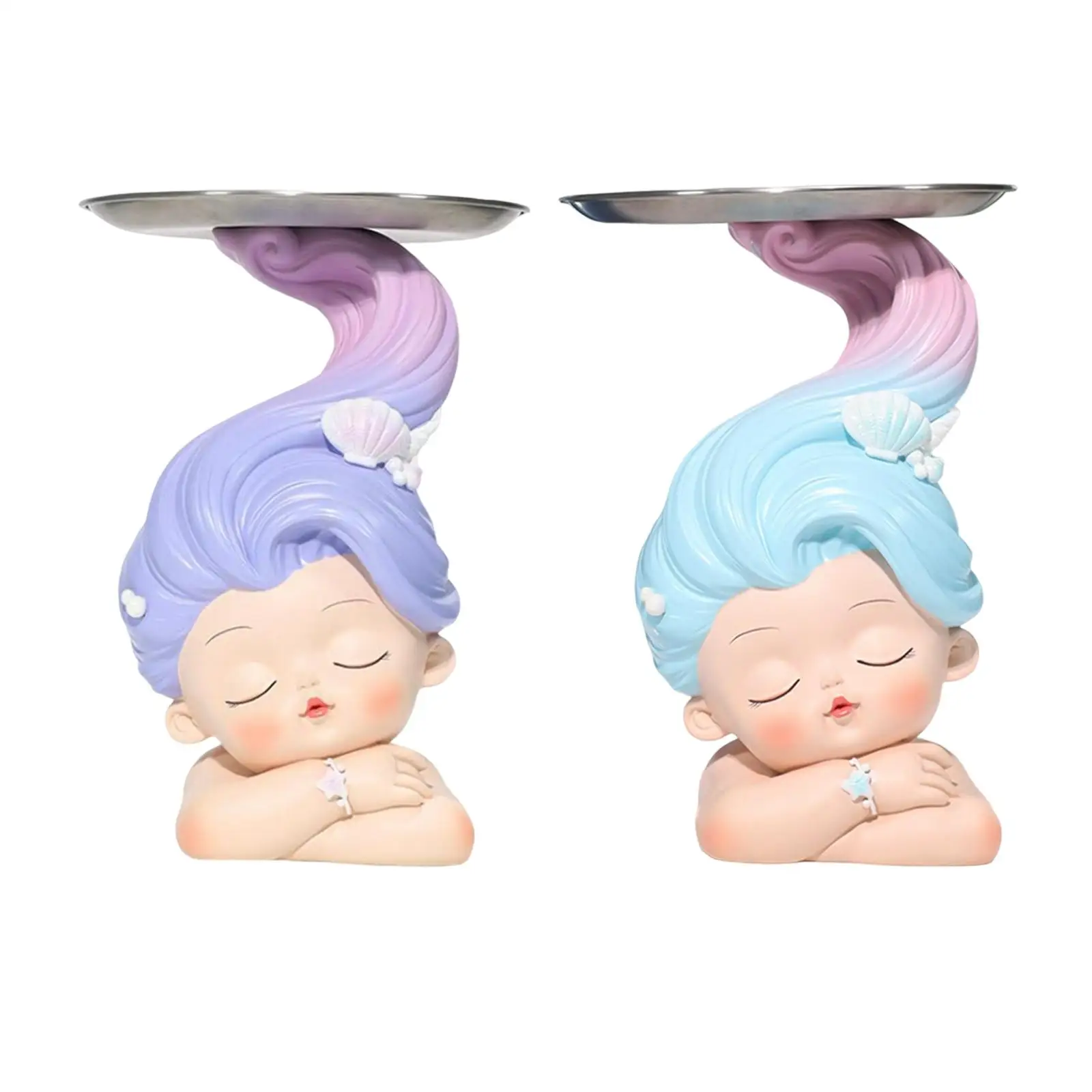 

Girl Figurine Statue with Tray Child of The Sea Desktop Crafts for Bookshelves Bedroom Decor