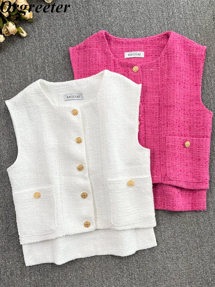 

Summer Fall New Small Fragrance O-neck Loose Crop Jacket Vest Chic Asymmetrical Single-breasted Cardigan Seeveless Coat Women