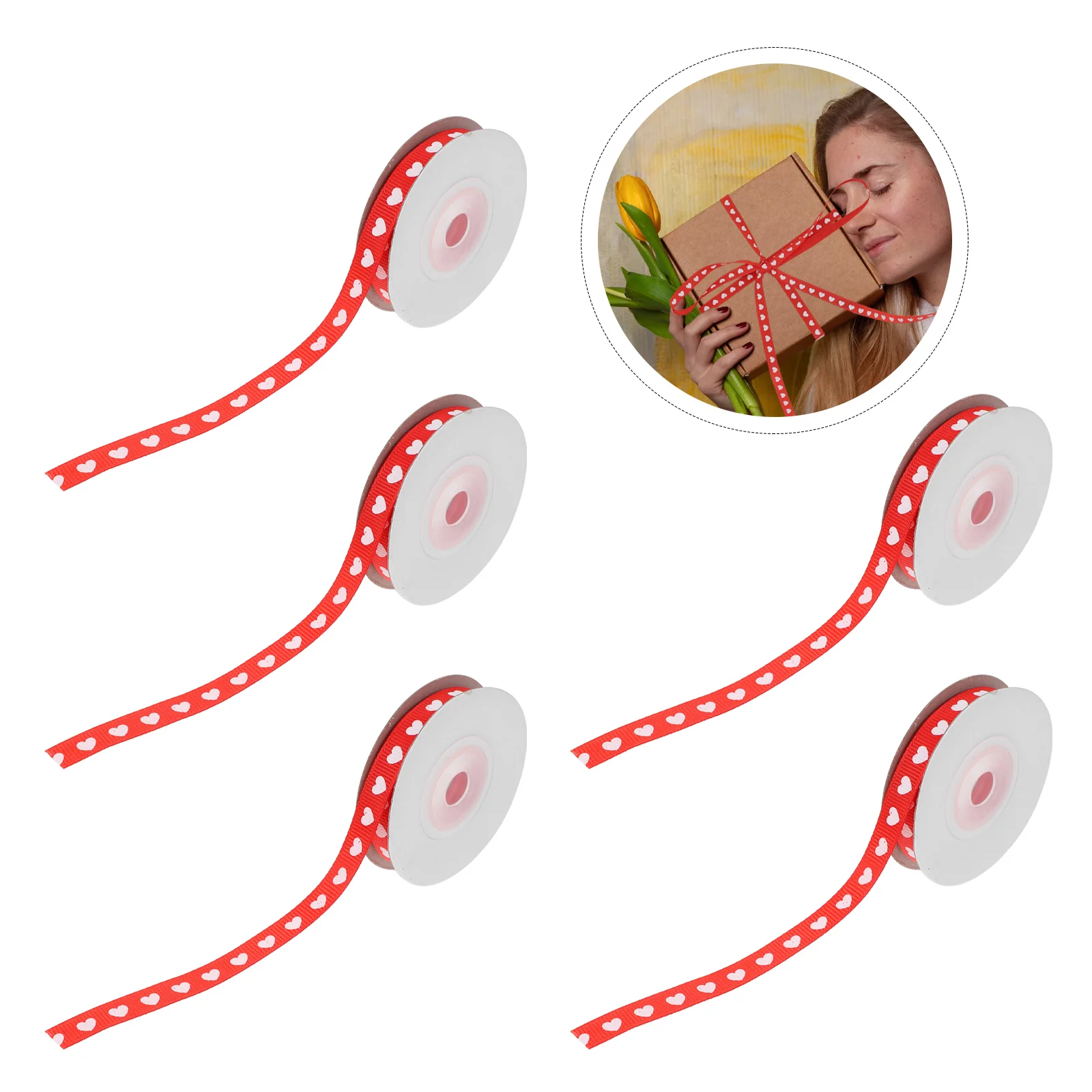 

5 Rolls Bouquet Wrapping Ribbon Love Heart Pattern Ribbon for DIY Packaging Decor