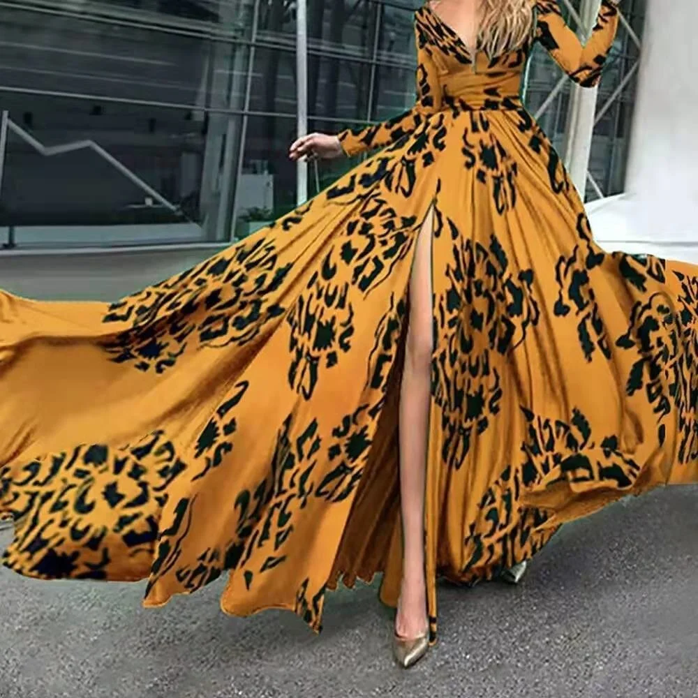 

Женское платье с разрезом, повседневное элегантное облегающее платье с леопардовым принтом, длинное платье с глубоким V-образным вырезом и длинным рукавом, модель 2023 на лето