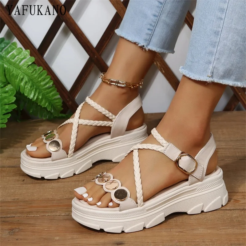 

Round Decor Braided Detail Platform Ankle Strap Sandals Thick Bottom Wedges Casual Shoes Fashion Rome Shoes Plus Size 41 42