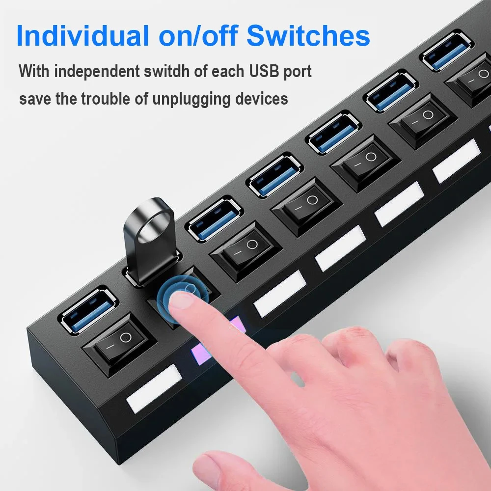 Фото 4/7-портовый USB-концентратор USB 2.0, разветвитель, многопортовый концентратор, адаптер питания, несколько концентраторов расширителей с переключателем, кабель 30 см для ноутбука №3