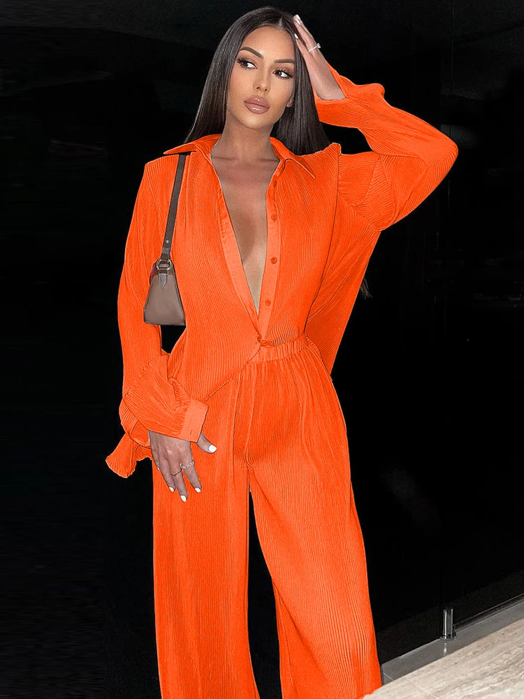 

Pleated Two Piece Set Women Top And Pants Fashion Vacation Beach Outfits For Women Long Sleeve Shirt And Fluid Pants Set