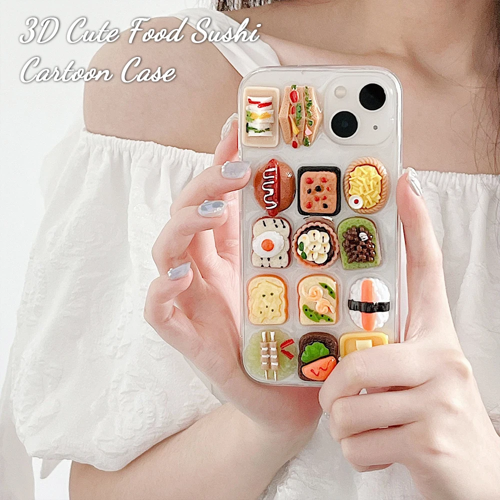 Case For IPhone 14 13 12 Cute Funny 3D Sushi Pizza Toast Sandwich Transparent Soft Phone 14 13 12 11 Pro Max XS XR 7 8 PLUS Bac