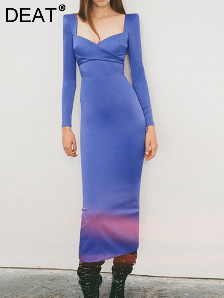 

[DEAT] Women's Evening Dress Square Collar Long Sleeve Broad Shoulder Cross Zipper Slim Waist Dresses Spring 2023 New 13DB1157