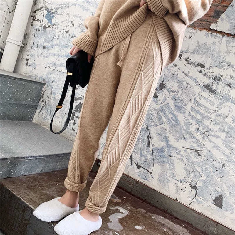 Winter Warm Knitted Sweatpants Women's Casual High Waist Thick Harem Ankle-length Pants Korean Loose Sweater Trousers 2022 New
