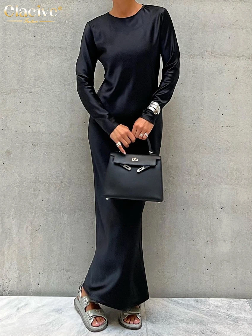 Clacive – robe en Satin noir pour femmes  décontractée  élégante  col rond  manches longues