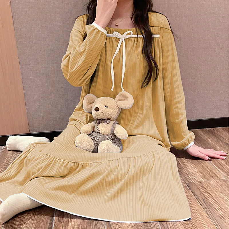 2023 New Spring and Autumn Milk Puddle Stripe Loose Leisure Fashion Comfortable Long Nightdress,Sleepwear and Homewear for Women