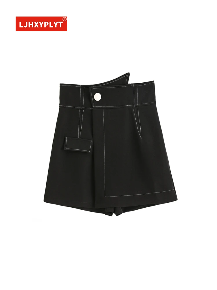 

Topstitch Decoration Irregular Black Shorts Skirt Womens Summer Retro Simple Casual Loose High Waist Suit A-line Skirt Female