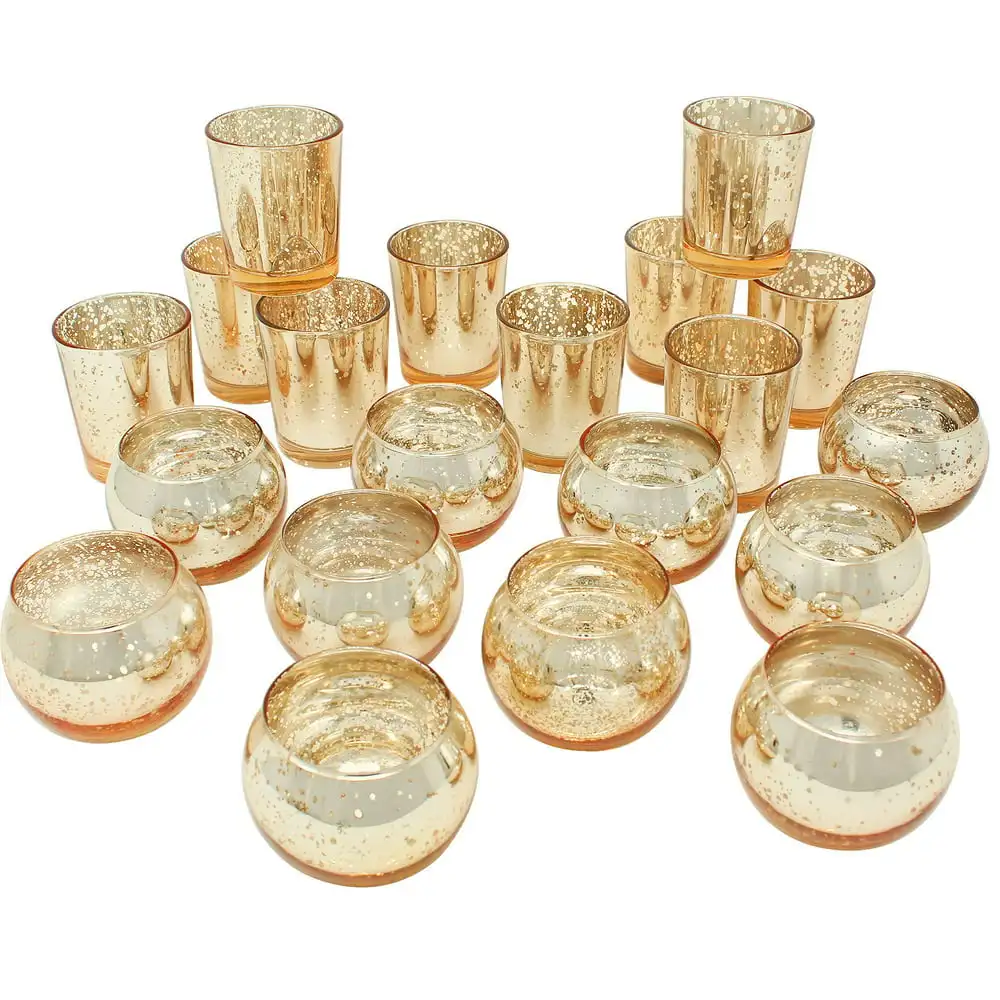 

24pcs Assorted Gold Mercury Glass Votive Candle Holders (12pc 2-Inch Round, 12pc 2.75-Inch)