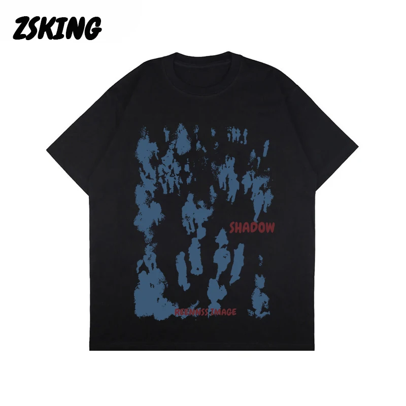 

ZSKING Hip Hop Men's Short Sleeve T Shirt Vintage Character Shadow Print T Shirt 2022 Streetwear Harajuku Casual Cotton T Top