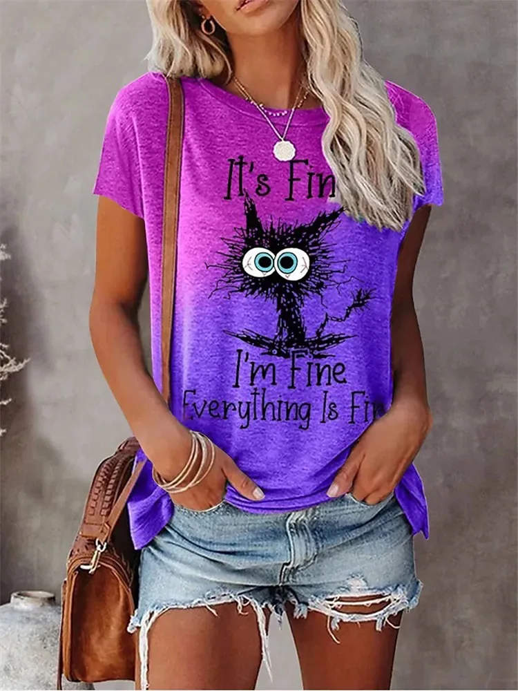 

2023 Summer New Women's T-shirt Harajuku Color-changing Short-sleeved Top Explosion Kitten Print Casual Basic T-shirt Plus Size